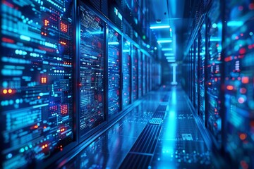 Modern interior of a server databank room with rows of machines with blue LED lights indicating active data processing
