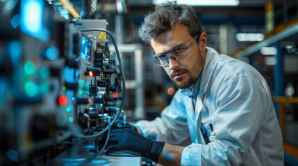 an engineer using advanced diagnostic tools to perform a quality check on automotive electronics in a factory.