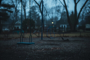 Twilight Solitude: An Empty Swing in an Abandoned Playground at Dusk