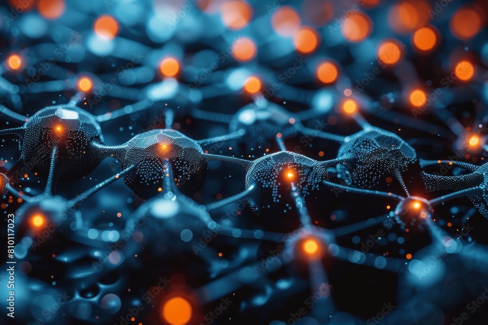 Poster detailed 3d render of a digital network with blue nodes and orange connections symbolizing data, tec