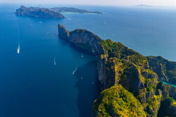 Aerial View from above of Ko Phi Phi Lee with paradise lagoon Maya Bay. Amazing travel drone photo...