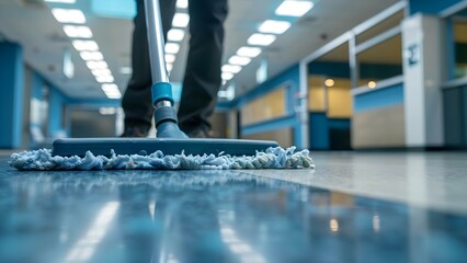Closeup of janitor mopping office floor with cleaner focus on mop. Concept Office janitor, Mopping service, Cleaning equipment, Professional janitorial services, Workplace hygiene
