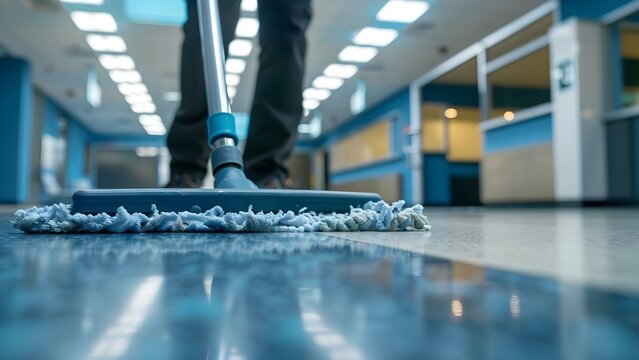 Closeup of janitor mopping office floor with cleaner focus on mop. Concept Office janitor, Mopping service, Cleaning equipment, Professional janitorial services, Workplace hygiene