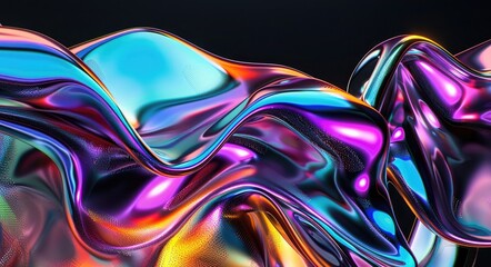3D render of colorful abstract shapes with chrome texture isolated on black background, fluid and glossy forms creating an iridescent effect,