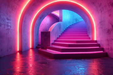 This illuminated stairway snaking through arched openings offers a modern, abstract take on classic architecture - Powered by Adobe