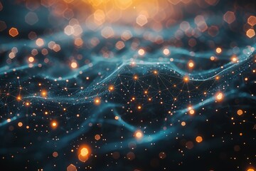 Digital representation of a glowing network with bokeh lights and hexagonal shapes A concept of connectivity, technology, and data