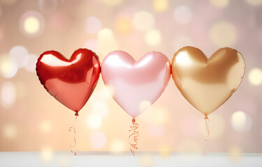 golden, red and pink heart shape balloons over white bokeh blurr