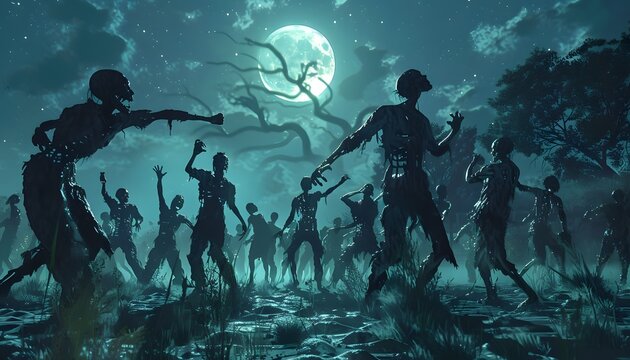 zombies dancing in the moonlight at night in a swamp bog Halloween 