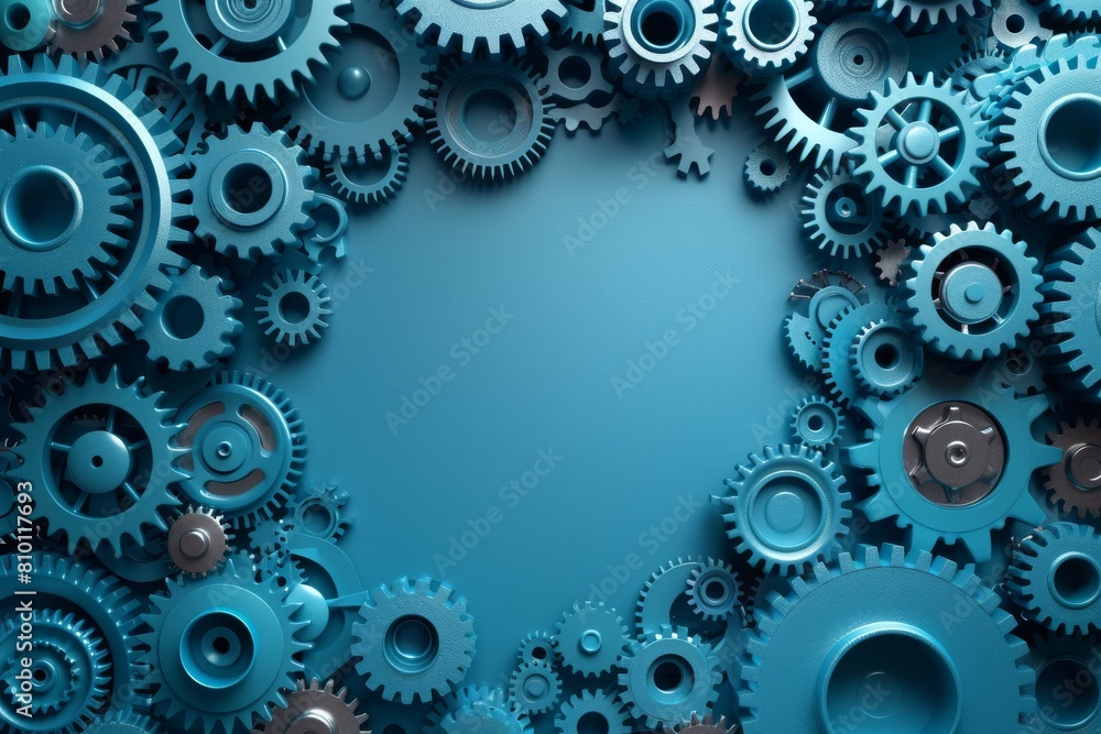 Poster broad view of various sizes of blue gears with central open space for text or concepts