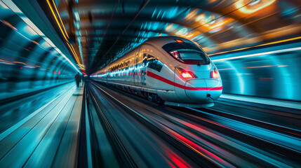 Fototapeta premium high-speed train passing through a modern railway station, captured with sharp focus and dynamic motion blur.