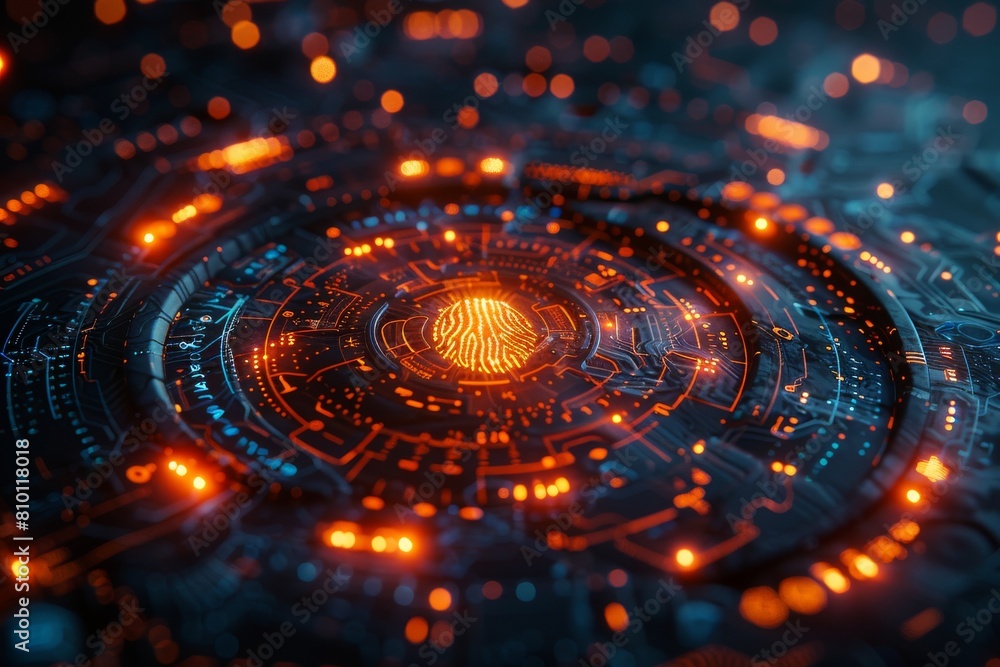 Poster a high-tech image symbolizing digital security, data protection with a glowing fingerprint pattern o
