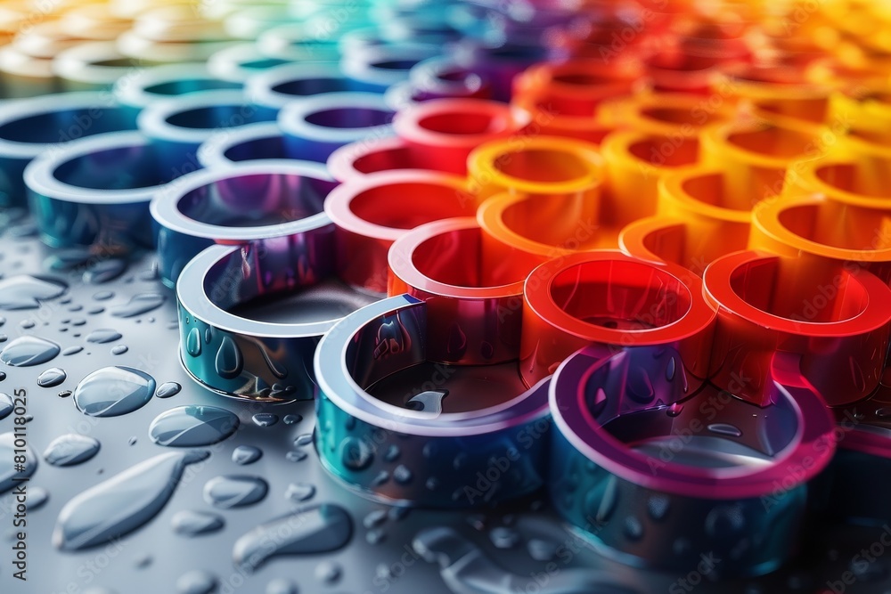 Poster vibrant image of multiple paint cans with various colors reflected on a surface with water droplets,