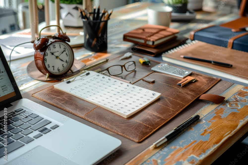 Poster organized workspace with planner and clock displaying effective time management