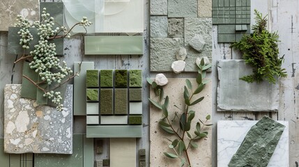 A top-view moodboard displaying samples of green, stone, and wood materials.