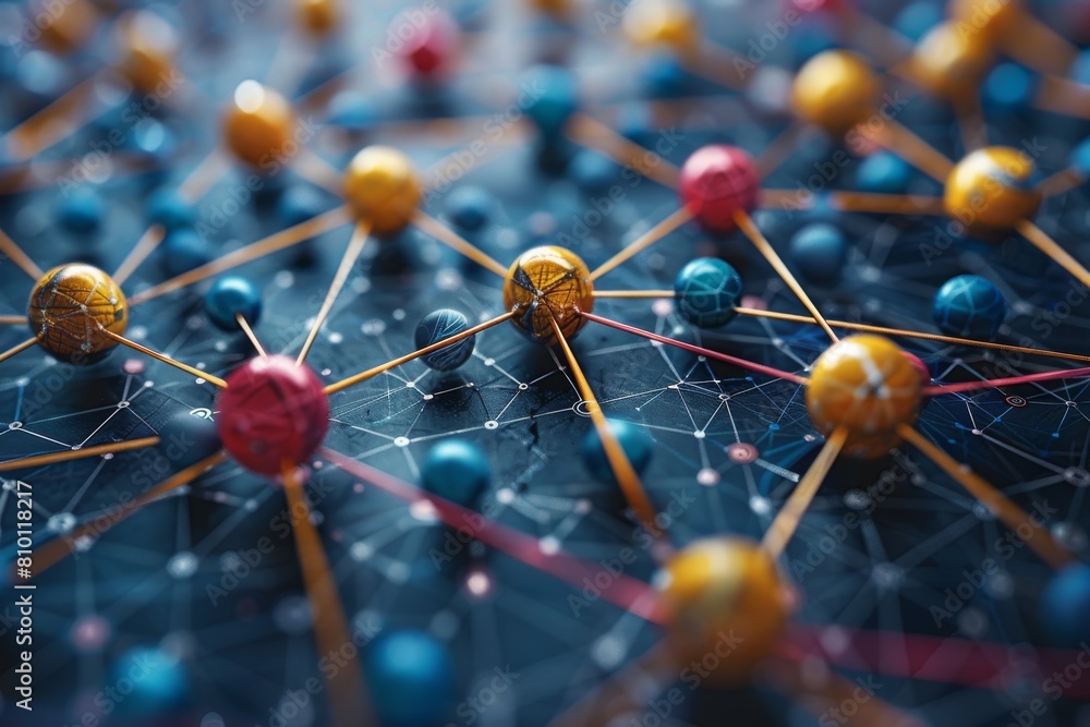 Poster detailed image of a network of connected nodes with colorful spheres, symbolizing connectivity and c