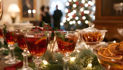 Fototapeta na wymiar closeup of drinks at a Christmas diner party 