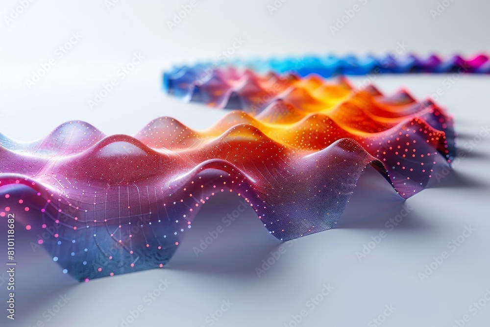 Poster a visually striking 3d rendered abstract of a neon, wavy mesh landscape dotted with floating particl