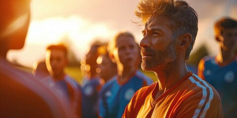 Fototapeta premium soccer player, showing a coach and players discussing formations, captured in sharp focus.