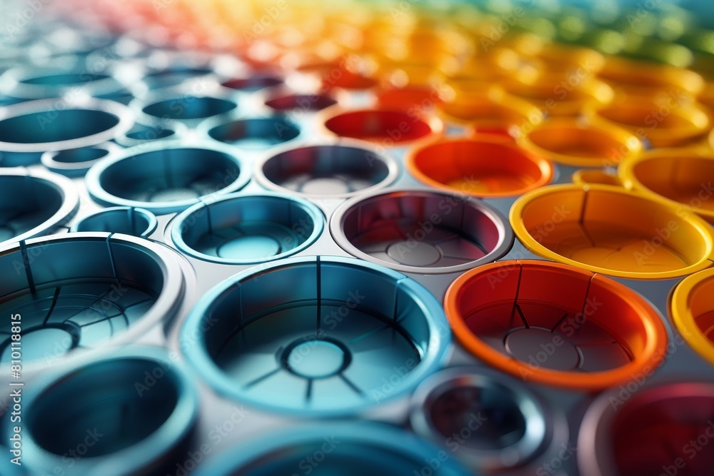 Aufkleber close-up of several rows of paint cups arranged by color creating a visually satisfying gradient pat