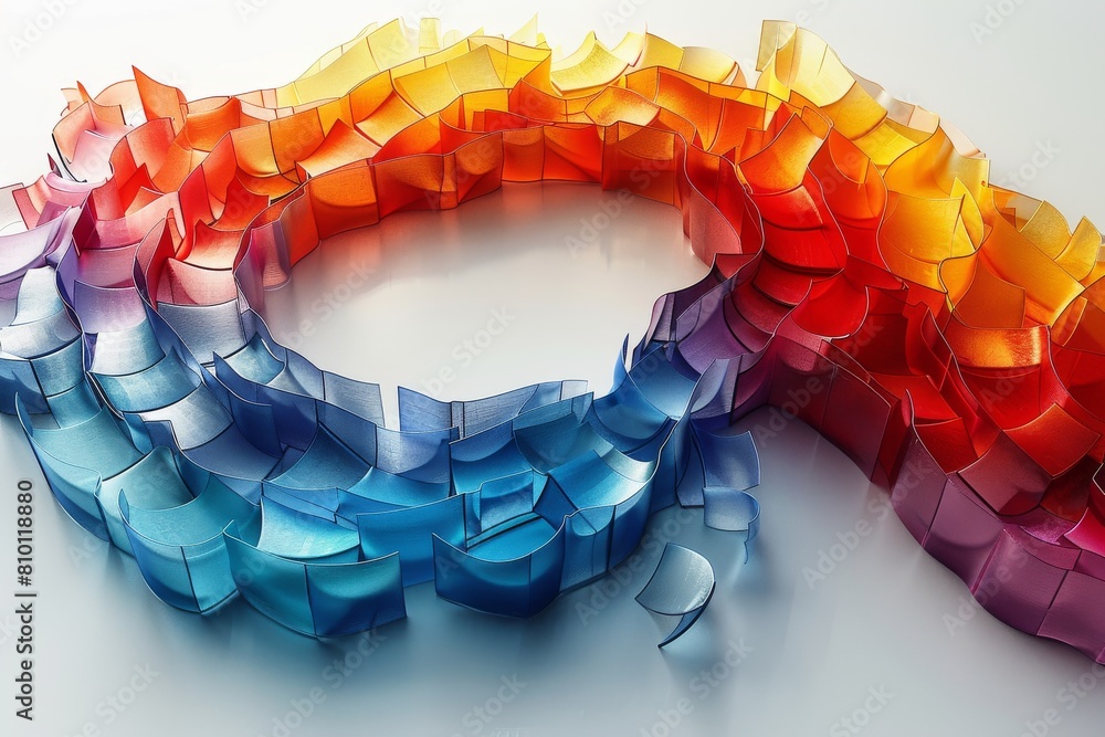 Poster digital illustration of a flowing wave made of overlapping colorful paper sheets with a vibrant grad
