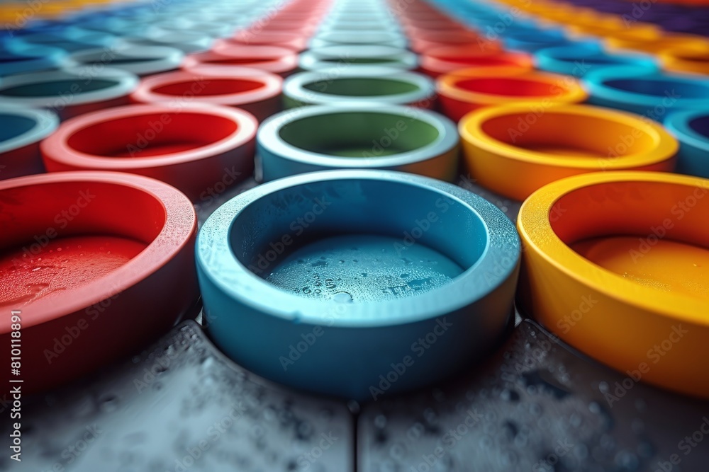 Aufkleber detailed image of multicolored wet plates aligned in rows with water droplets, focusing on texture a
