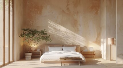 Minimalist interior design of modern bedroom with beige stucco wall. realistic