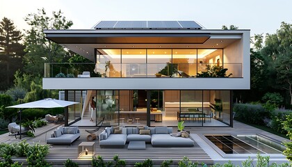 3d rendering of modern cozy house with solar panels on the roof