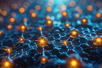 Represents a connection of points in a grid pattern with golden hues on a deep blue backdrop, resembling a network