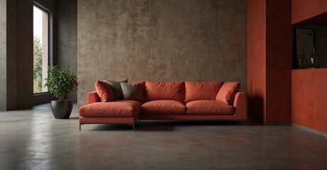 High-detail Red modular corner sofa against blank brown stucco wall, loft interior