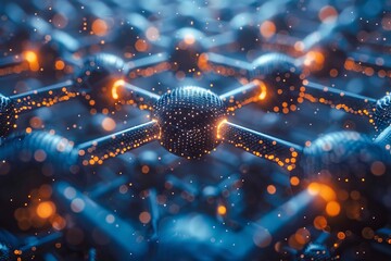 The image visualizes molecules interconnected with a glowing effect, portraying advanced scientific and technology themes