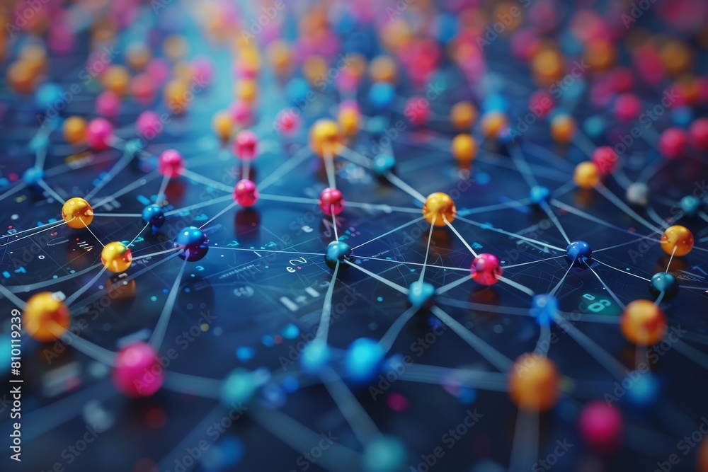 Poster vivid multicolored nodes connected by lines on a dark backdrop, depicting an abstract network or dat