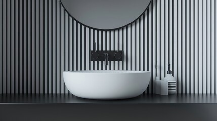 Modern bathroom sink with wall-mounted faucets and a round mirror against a striped wall, concept of a minimalist interior design. 3D Rendering realistic