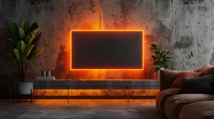 Modern Living Room with Neon Light Wall Art. Futuristic modern living room featuring a striking neon light wall art above a minimalist concrete console, complemented by lush green plants.