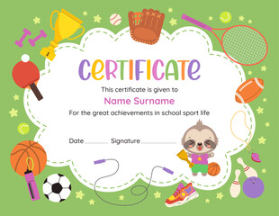Cute sports certificate template featuring kawaii cartoon character sloth and vibrant sport icons. Perfect for celebrating young achievers athletic success in elementary school. Vector flat graphics.
