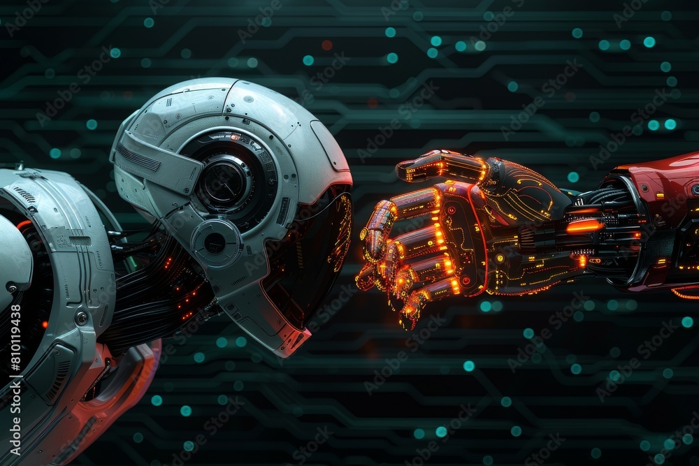 Poster this image portrays two highly detailed robotic hands coming together in a gesture resembling a hand