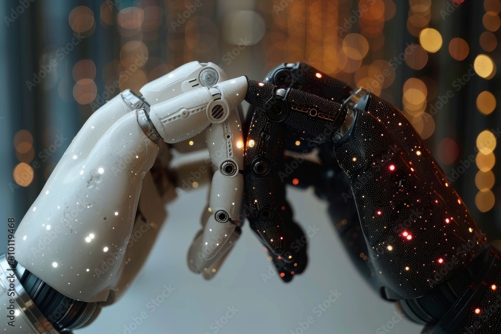 Poster close-up of two robotic hands with glowing fingertips about to touch, with a blurred background of w