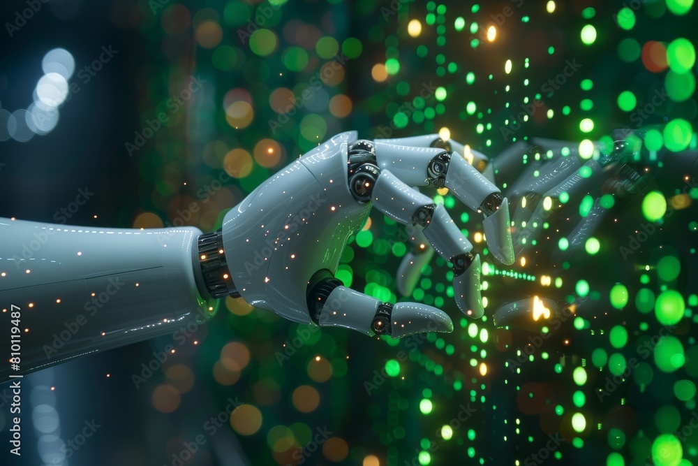 Poster a pair of white robot hands with mirrored positions is highlighted by sparkling green particles agai
