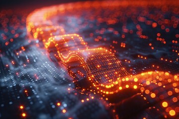 An image with vibrant red digital wave patterns flowing over a dark surface, evoking themes of movement and energy