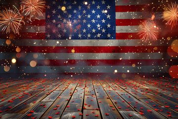 American Flag and fireworks mockup podium background with copy space . 4 July independence day concept celebration happy hours and sales.