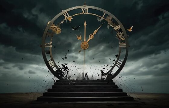 A huge broken clock, a time machine with dark cloudy background, a big broken mysterious watch on stairs like door to the other world Generative AI
