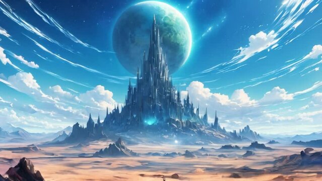A majestic futuristic city with skyscrapers in the desert with a big moon or planet behind the building science fiction movie scene, mountains planet sky city clouds Generative AI
