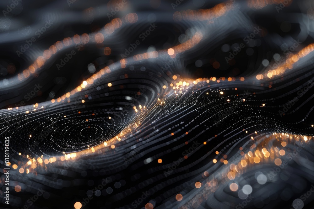 Poster illustrating high-tech or electronic concepts, this image captures a monochrome landscape with glitt