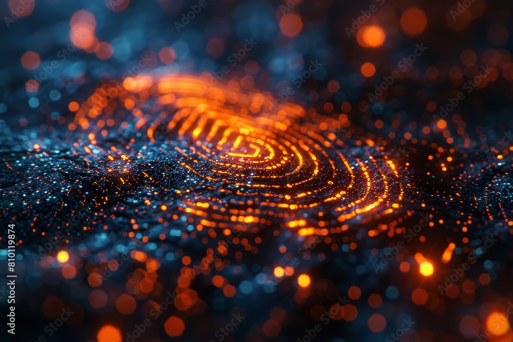 Poster a digital abstract image of a fingerprint pattern glowing with fiery orange and blue tones, symboliz