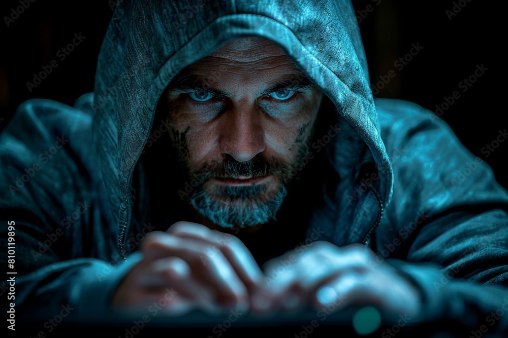 Aufkleber mysterious hooded man with intense gaze typing on a backlit keyboard in a dark setting, suggesting c