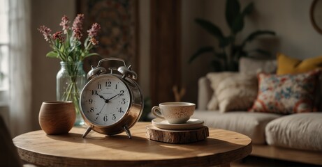 High-res Boho interior design of living room with alarm clock on round wooden table.