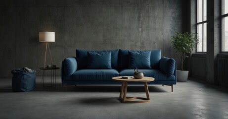 High-res Blue sofa in Scandinavian loft home interior against concrete wall