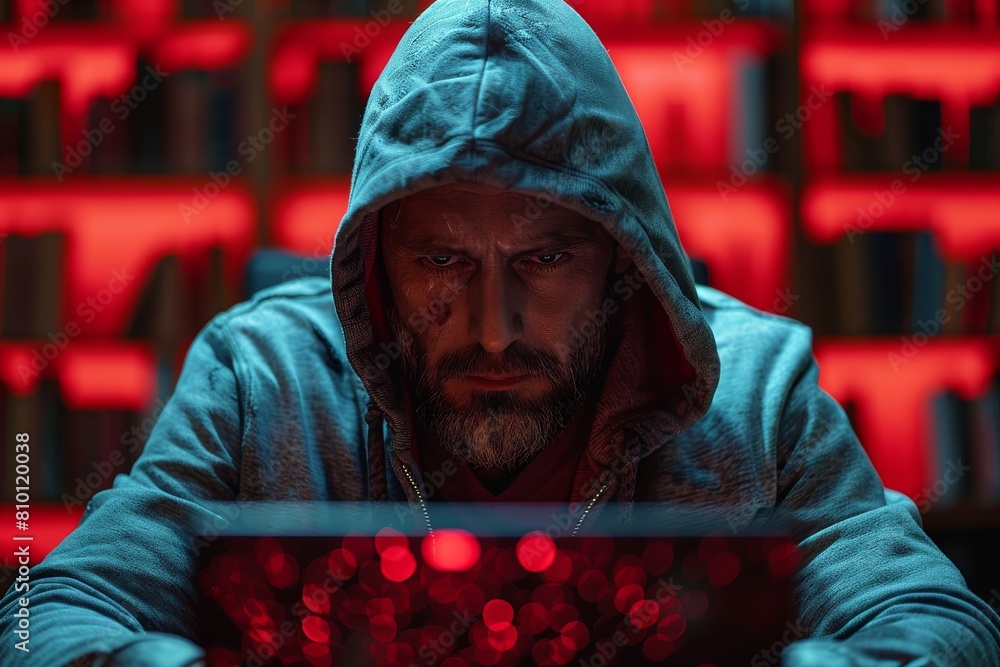 Poster mysterious hooded man with intense gaze typing on a backlit keyboard in a dark setting, suggesting c