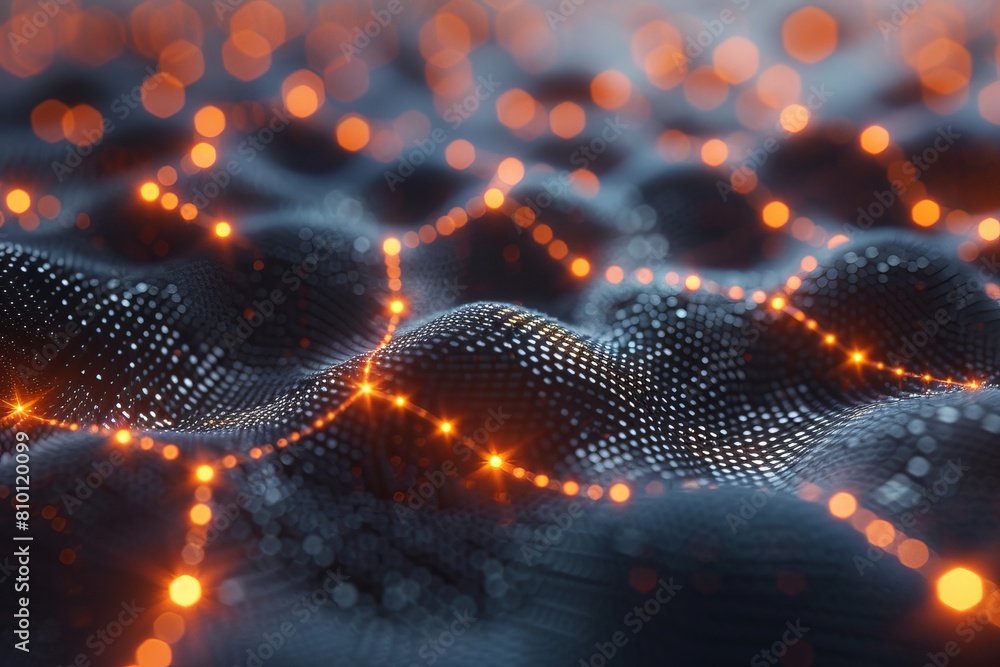 Poster this image shows a dynamic digital wave pattern with light nodes, symbolizing data flow, technology,