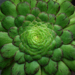 Green natural pattern. Houseplant aeonium tabuliforme. Close-up of green succulent rosettes of geometric shape