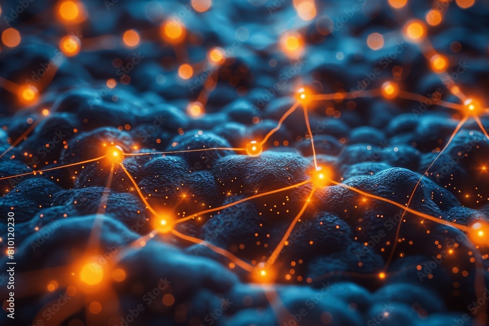 Poster an illustrative representation of a data or neural network with nodes and glowing connections in hue
